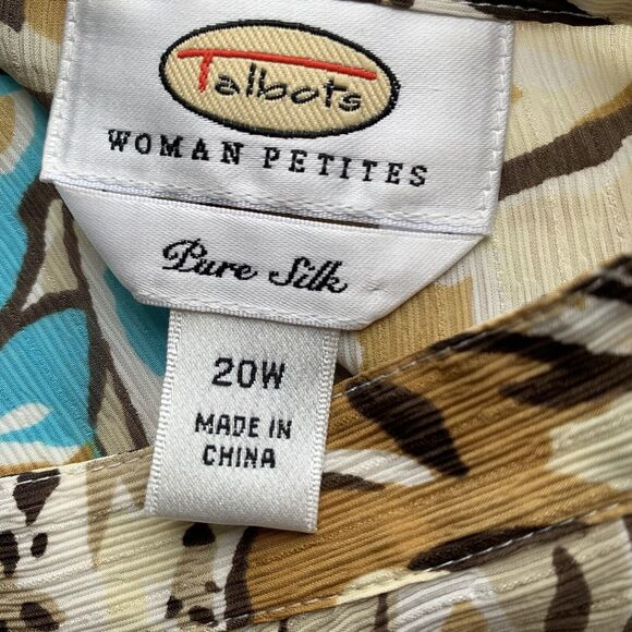 TALBOTS Vintage Petites Size 20W 100% Silk Neutral Print Blouse Button Down - Picture 8 of 9